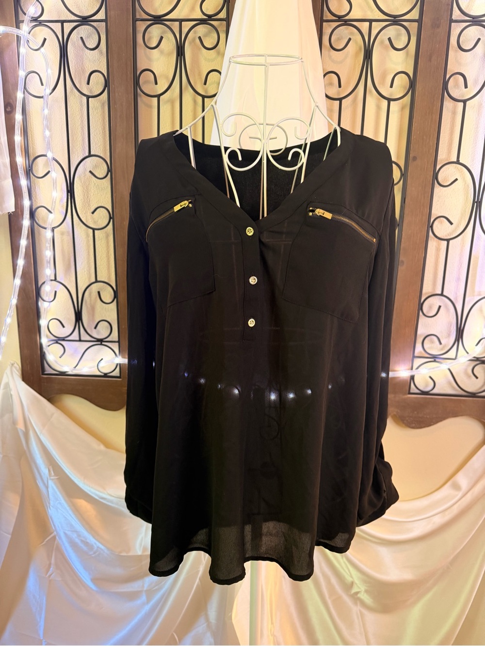 Maurices Black V-Neck Button Front Blouse with Zip Chest Pockets